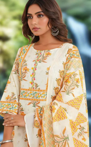 Off White/Mustard Floral Jaipur Cotton Kurti With Pant And Dupatta Set. Pure Versatile Cotton. | Laces and Frills - Laces and Frills