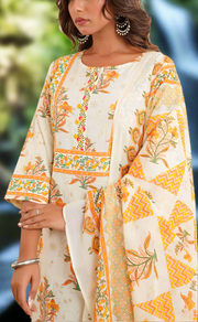Off White/Mustard Floral Jaipur Cotton Kurti With Pant And Dupatta Set. Pure Versatile Cotton. | Laces and Frills