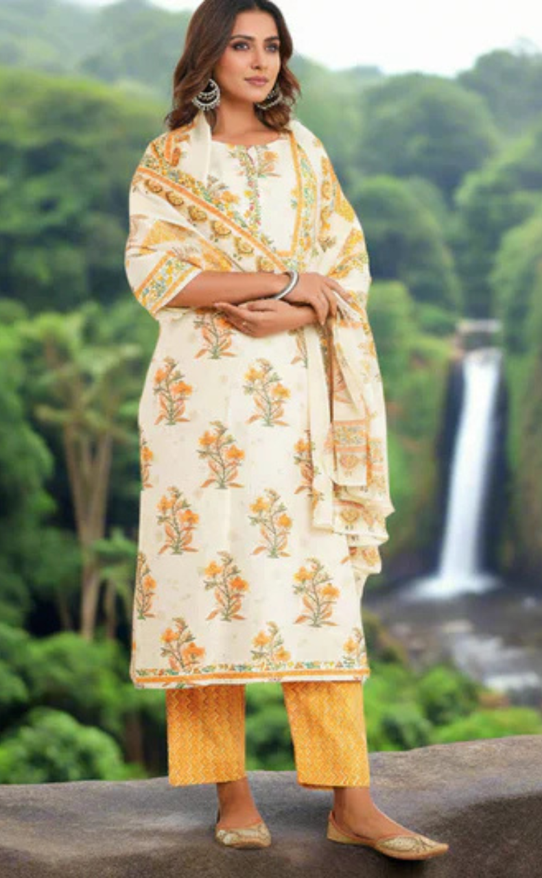 Off White/Mustard Floral Jaipur Cotton Kurti With Pant And Dupatta Set. Pure Versatile Cotton. | Laces and Frills - Laces and Frills