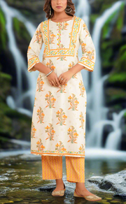 Off White/Mustard Floral Jaipur Cotton Kurti With Pant And Dupatta Set. Pure Versatile Cotton. | Laces and Frills