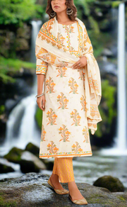 Off White/Mustard Floral Jaipur Cotton Kurti With Pant And Dupatta Set. Pure Versatile Cotton. | Laces and Frills