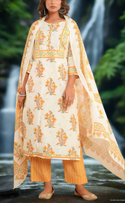 Off White/Mustard Floral Jaipur Cotton Kurti With Pant And Dupatta Set. Pure Versatile Cotton. | Laces and Frills
