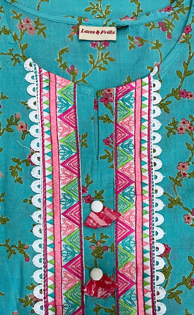 Sea Green Floral Jaipur Cotton Kurti With Pant And Dupatta Set. Pure Versatile Cotton. | Laces and Frills