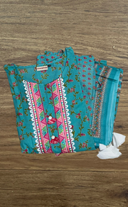 Sea Green Floral Jaipur Cotton Kurti With Pant And Dupatta Set. Pure Versatile Cotton. | Laces and Frills