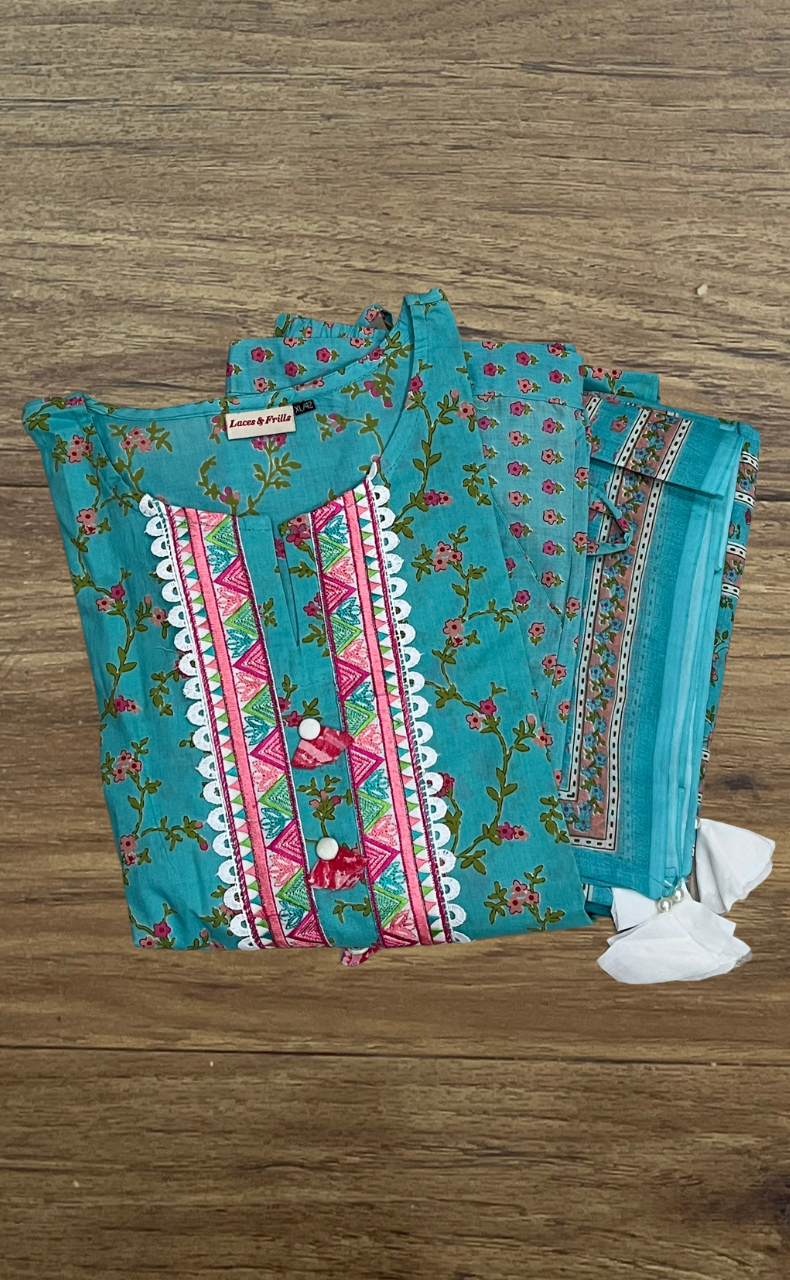 Sea Green Floral Jaipur Cotton Kurti With Pant And Dupatta Set. Pure Versatile Cotton. | Laces and Frills