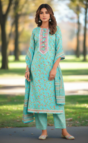 Sea Green Floral Jaipur Cotton Kurti With Pant And Dupatta Set. Pure Versatile Cotton. | Laces and Frills - Laces and Frills