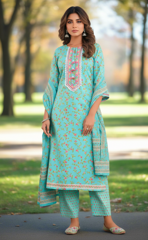Sea Green Floral Jaipur Cotton Kurti With Pant And Dupatta Set. Pure Versatile Cotton. | Laces and Frills - Laces and Frills