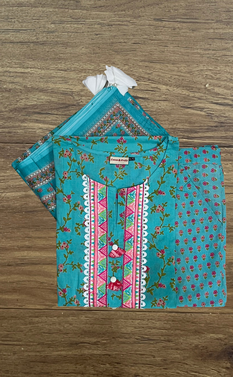 Sea Green Floral Jaipur Cotton Kurti With Pant And Dupatta Set. Pure Versatile Cotton. | Laces and Frills