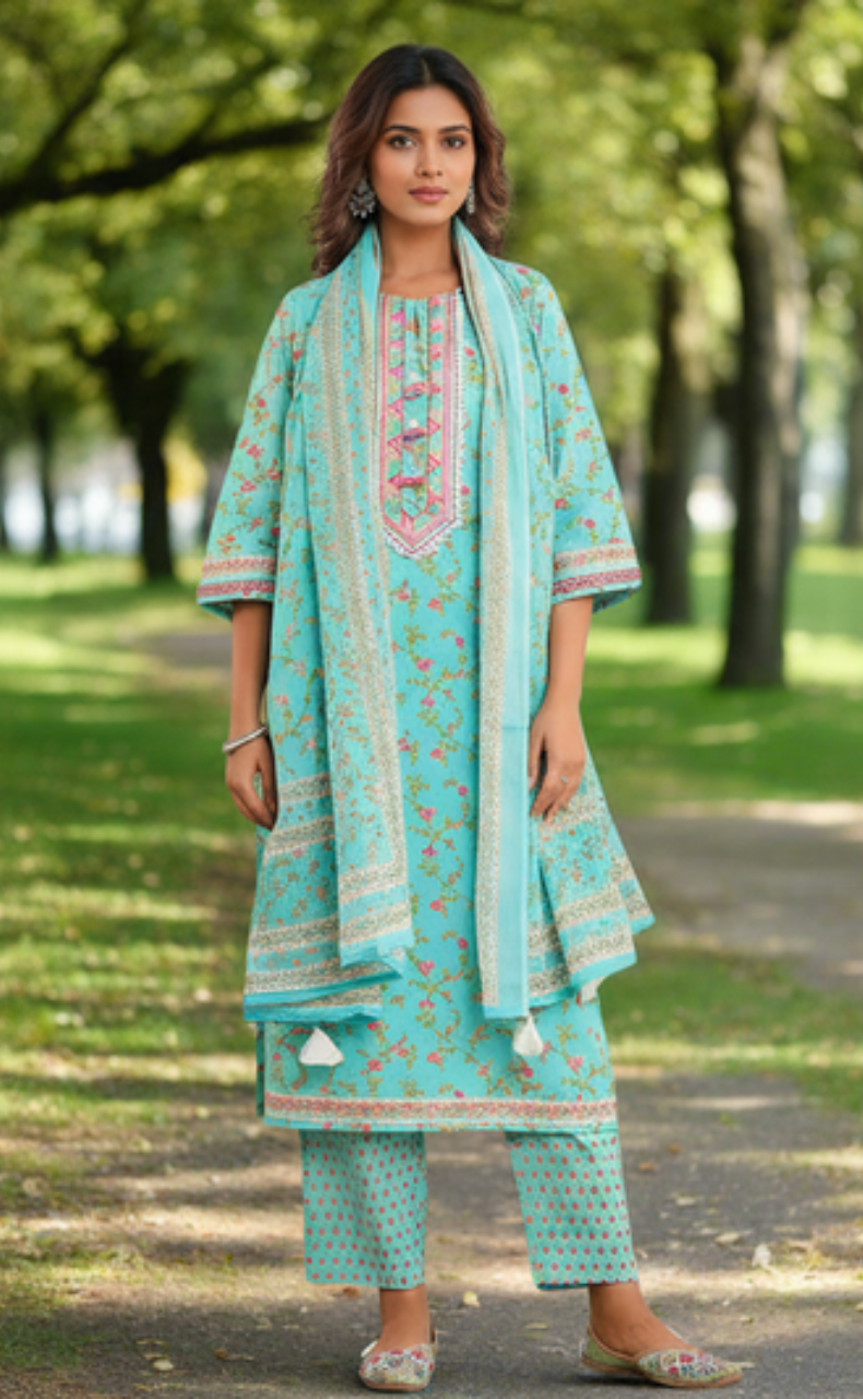 Sea Green Floral Jaipur Cotton Kurti With Pant And Dupatta Set. Pure Versatile Cotton. | Laces and Frills - Laces and Frills