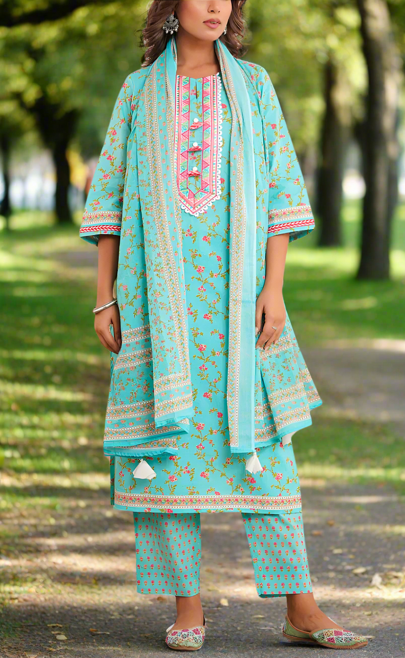 Sea Green Floral Jaipur Cotton Kurti With Pant And Dupatta Set. Pure Versatile Cotton. | Laces and Frills