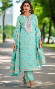 Sea Green Floral Jaipur Cotton Kurti With Pant And Dupatta Set. Pure Versatile Cotton. | Laces and Frills - Laces and Frills