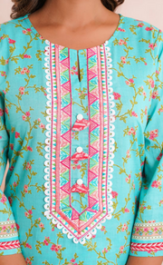 Sea Green Floral Jaipur Cotton Kurti With Pant And Dupatta Set. Pure Versatile Cotton. | Laces and Frills