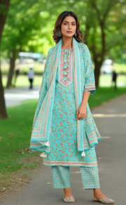 Sea Green Floral Jaipur Cotton Kurti With Pant And Dupatta Set. Pure Versatile Cotton. | Laces and Frills - Laces and Frills