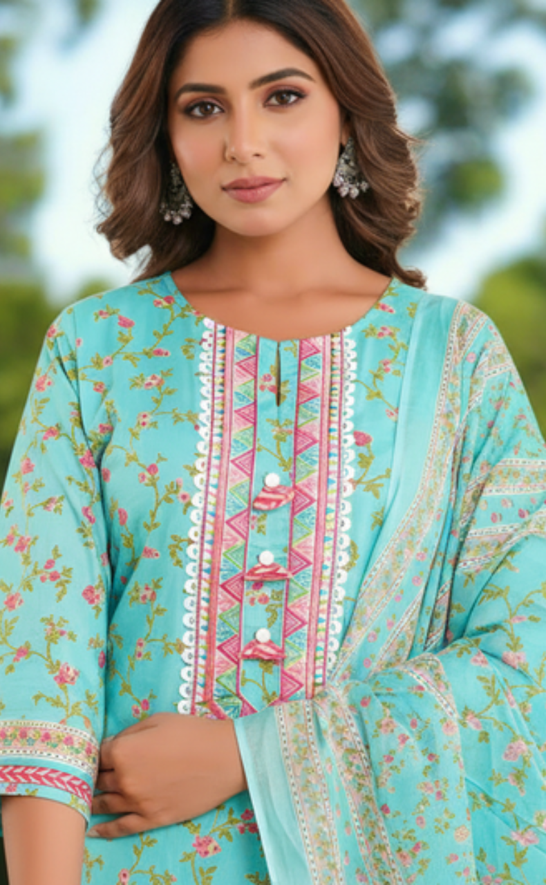 Sea Green Floral Jaipur Cotton Kurti With Pant And Dupatta Set. Pure Versatile Cotton. | Laces and Frills - Laces and Frills