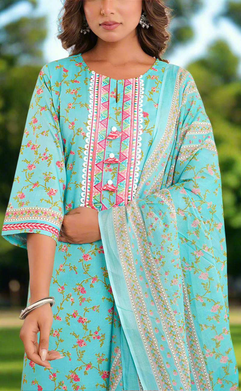 Sea Green Floral Jaipur Cotton Kurti With Pant And Dupatta Set. Pure Versatile Cotton. | Laces and Frills