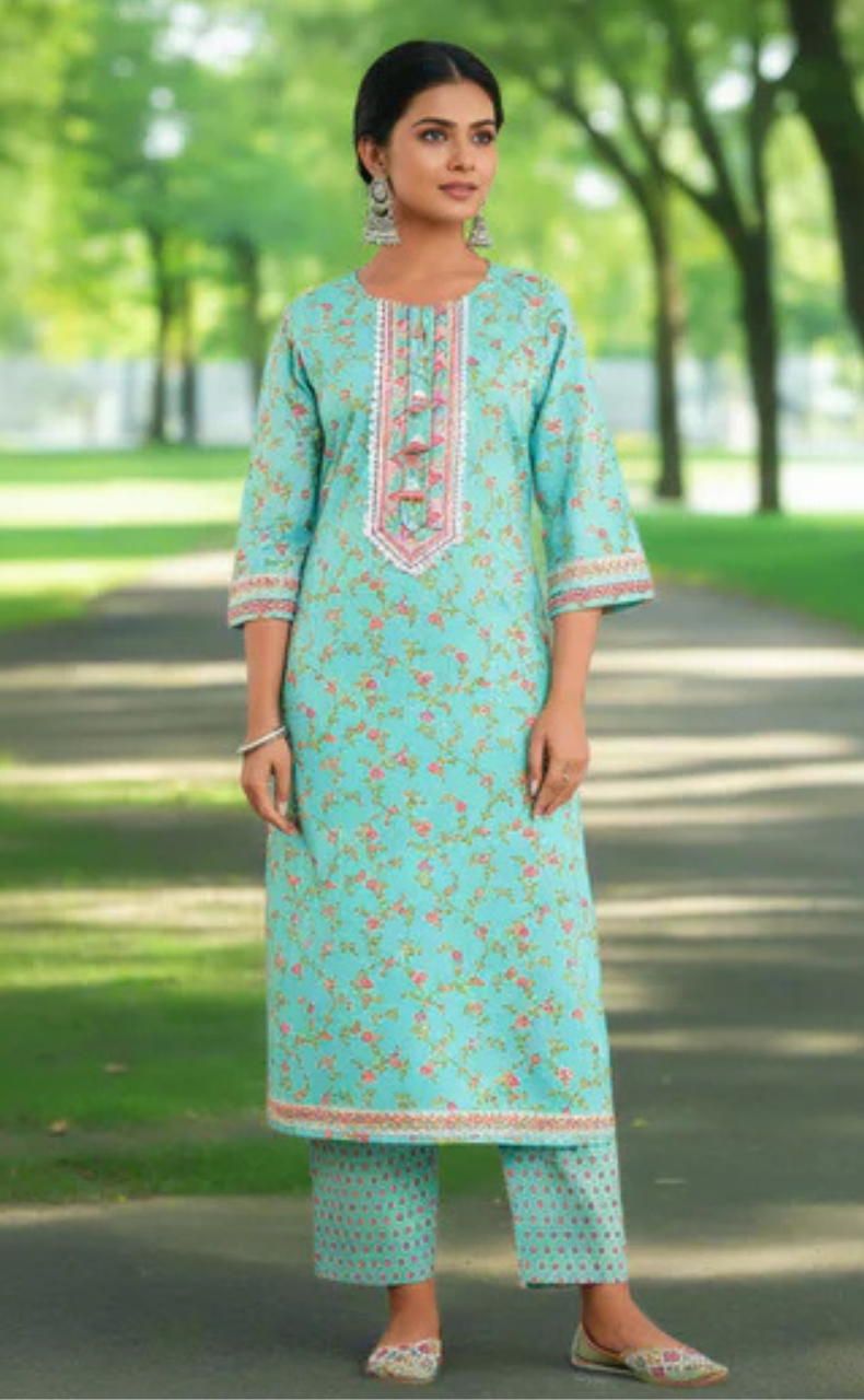 Sea Green Floral Jaipur Cotton Kurti With Pant And Dupatta Set. Pure Versatile Cotton. | Laces and Frills - Laces and Frills