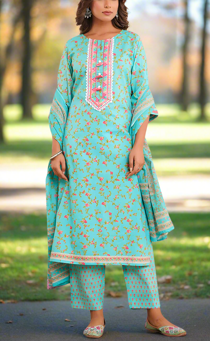 Sea Green Floral Jaipur Cotton Kurti With Pant And Dupatta Set. Pure Versatile Cotton. | Laces and Frills