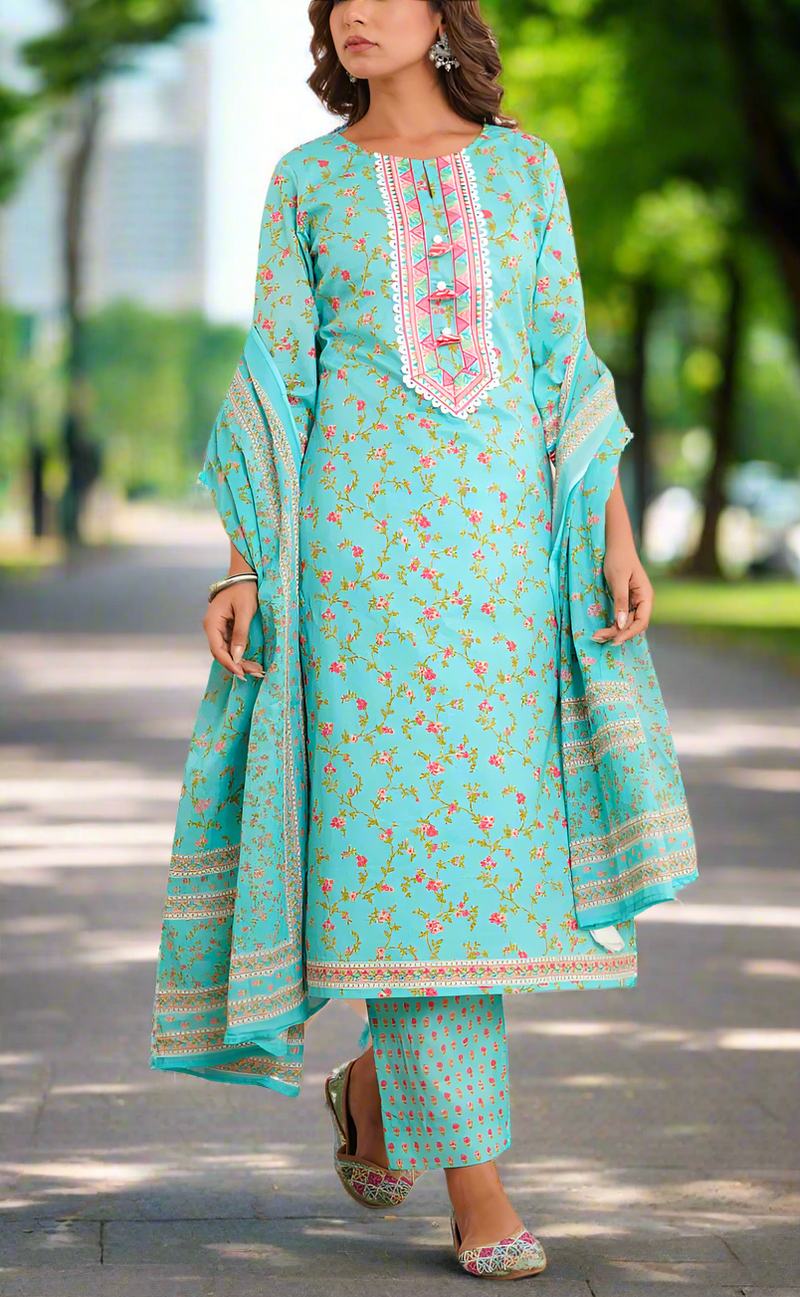 Sea Green Floral Jaipur Cotton Kurti With Pant And Dupatta Set. Pure Versatile Cotton. | Laces and Frills