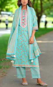 Sea Green Floral Jaipur Cotton Kurti With Pant And Dupatta Set. Pure Versatile Cotton. | Laces and Frills
