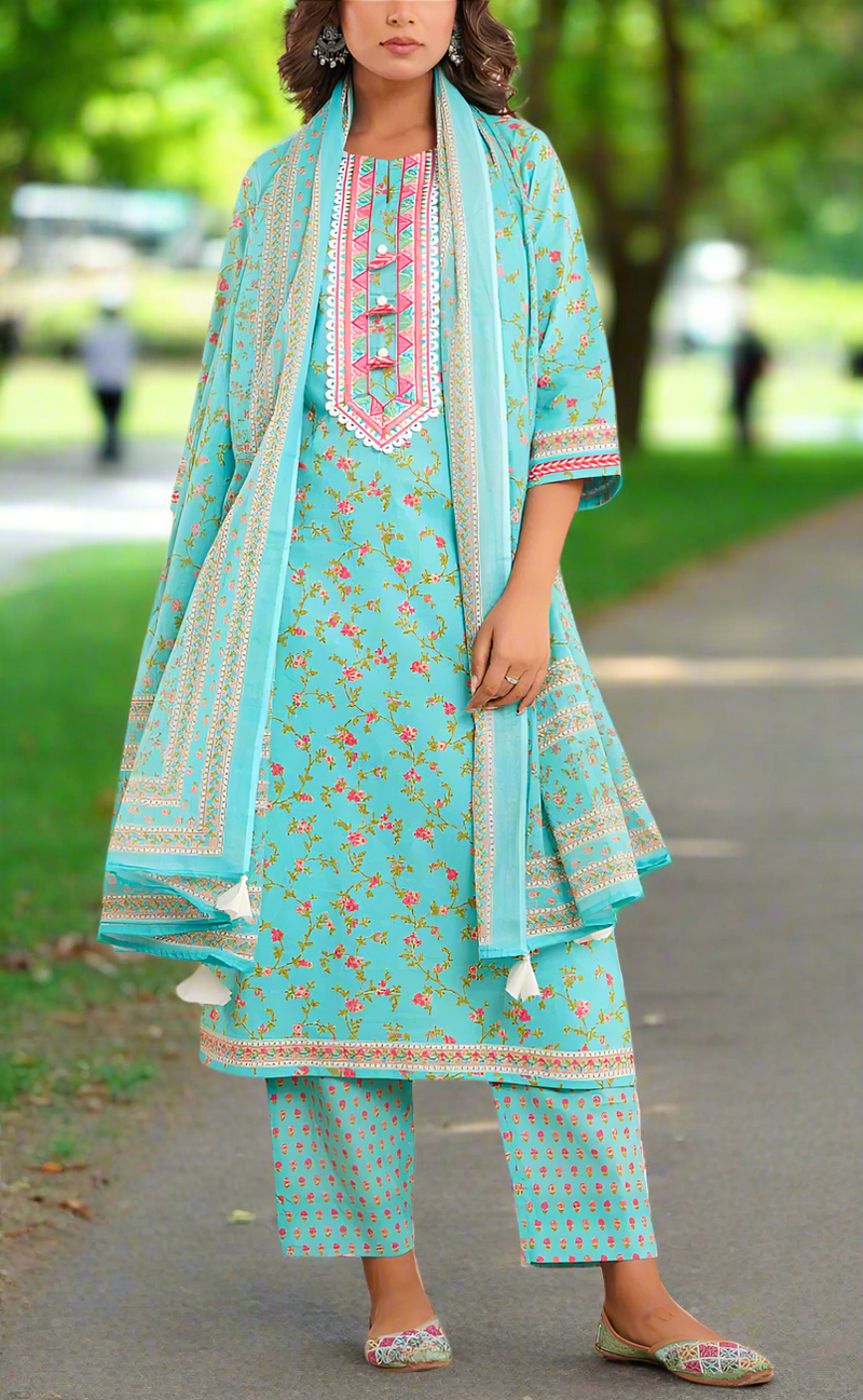 Sea Green Floral Jaipur Cotton Kurti With Pant And Dupatta Set. Pure Versatile Cotton. | Laces and Frills