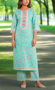 Sea Green Floral Jaipur Cotton Kurti With Pant And Dupatta Set. Pure Versatile Cotton. | Laces and Frills