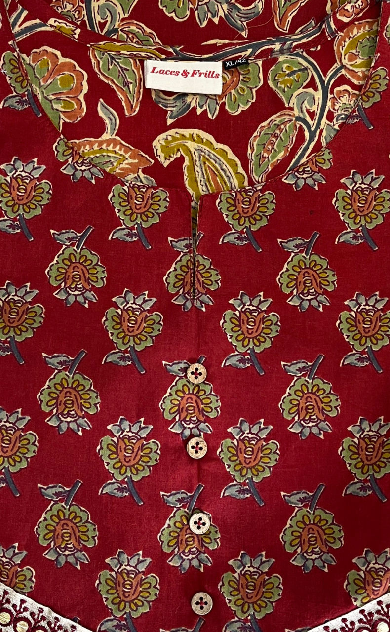 Maroon Floral Cotton Kurti With Pant And Dupatta Set. Pure Versatile Cotton. | Laces and Frills