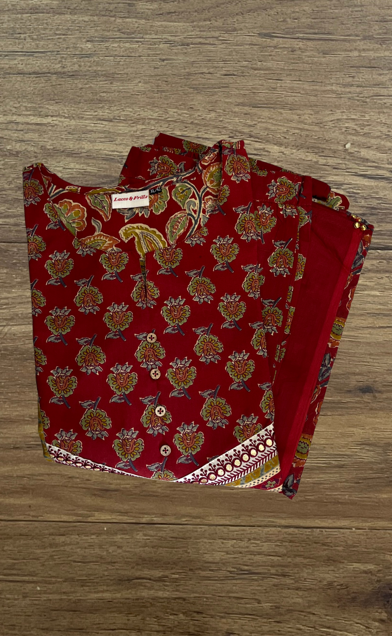 Maroon Floral Cotton Kurti With Pant And Dupatta Set. Pure Versatile Cotton. | Laces and Frills