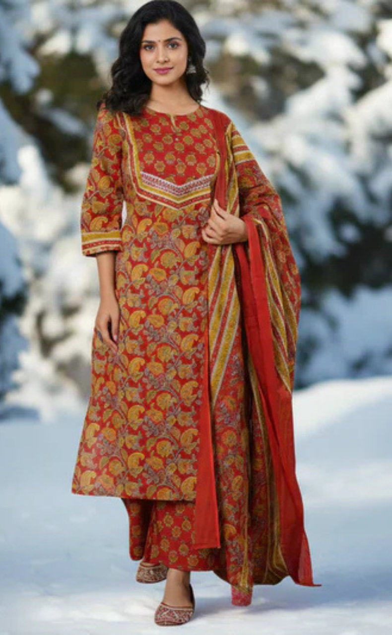 Maroon Floral Cotton Kurti With Pant And Dupatta Set. Pure Versatile Cotton. | Laces and Frills - Laces and Frills