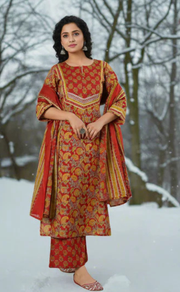Maroon Floral Cotton Kurti With Pant And Dupatta Set. Pure Versatile Cotton. | Laces and Frills - Laces and Frills