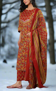 Maroon Floral Cotton Kurti With Pant And Dupatta Set. Pure Versatile Cotton. | Laces and Frills