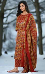 Maroon Floral Cotton Kurti With Pant And Dupatta Set. Pure Versatile Cotton. | Laces and Frills - Laces and Frills