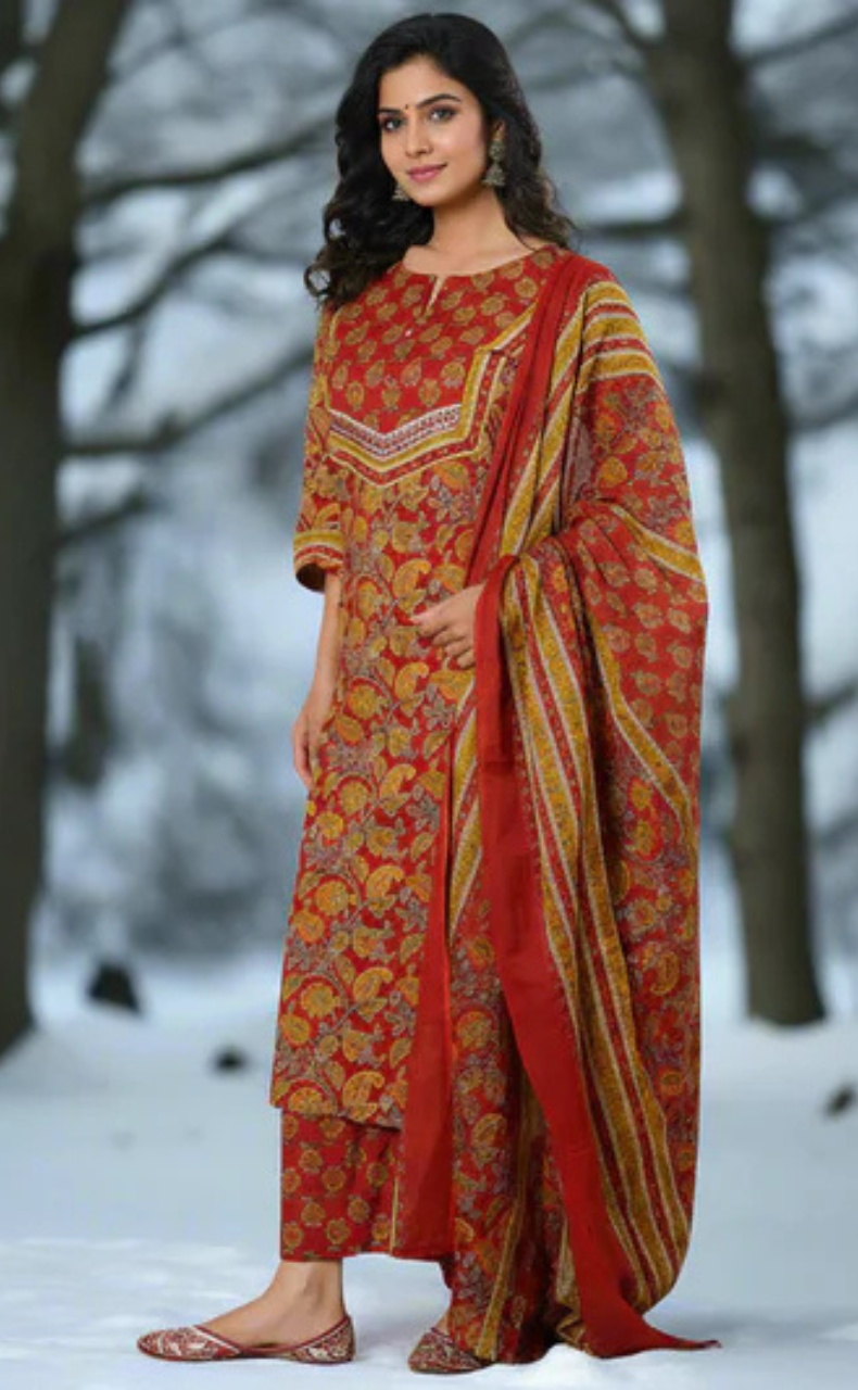 Maroon Floral Cotton Kurti With Pant And Dupatta Set. Pure Versatile Cotton. | Laces and Frills - Laces and Frills
