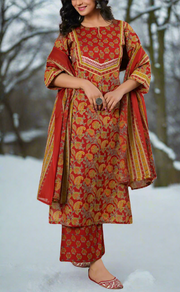 Maroon Floral Cotton Kurti With Pant And Dupatta Set. Pure Versatile Cotton. | Laces and Frills