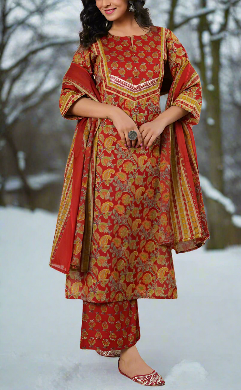 Maroon Floral Cotton Kurti With Pant And Dupatta Set. Pure Versatile Cotton. | Laces and Frills