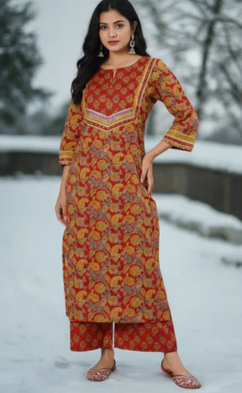 Maroon Floral Cotton Kurti With Pant And Dupatta Set. Pure Versatile Cotton. | Laces and Frills - Laces and Frills
