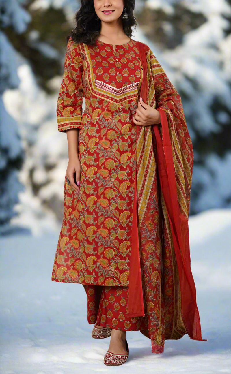 Maroon Floral Cotton Kurti With Pant And Dupatta Set. Pure Versatile Cotton. | Laces and Frills