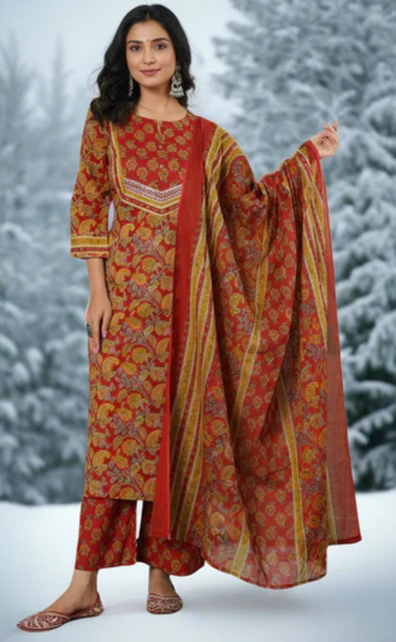 Maroon Floral Cotton Kurti With Pant And Dupatta Set. Pure Versatile Cotton. | Laces and Frills - Laces and Frills