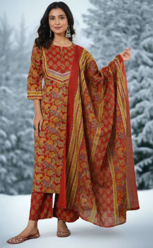 Maroon Floral Cotton Kurti With Pant And Dupatta Set. Pure Versatile Cotton. | Laces and Frills - Laces and Frills