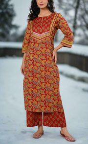 Maroon Floral Cotton Kurti With Pant And Dupatta Set. Pure Versatile Cotton. | Laces and Frills