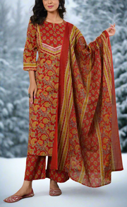 Maroon Floral Cotton Kurti With Pant And Dupatta Set. Pure Versatile Cotton. | Laces and Frills
