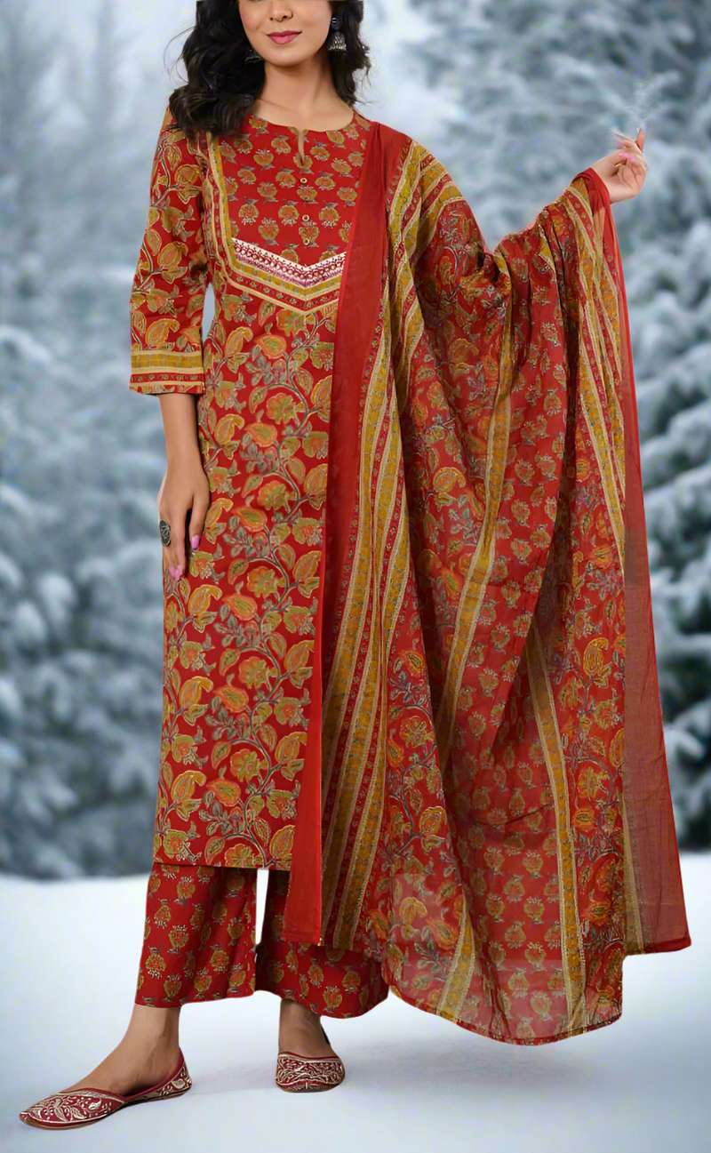 Maroon Floral Cotton Kurti With Pant And Dupatta Set. Pure Versatile Cotton. | Laces and Frills