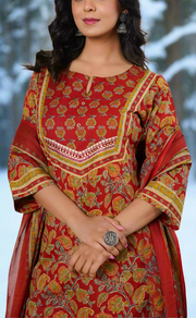 Maroon Floral Cotton Kurti With Pant And Dupatta Set. Pure Versatile Cotton. | Laces and Frills