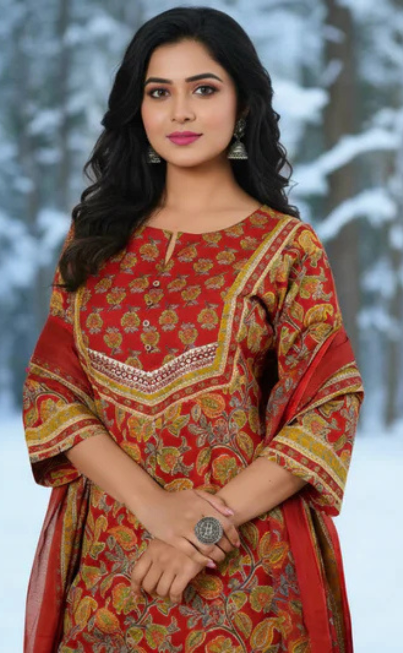 Maroon Floral Cotton Kurti With Pant And Dupatta Set. Pure Versatile Cotton. | Laces and Frills - Laces and Frills