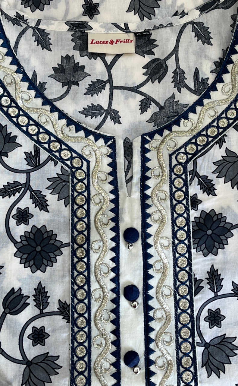 Off White/Grey Garden Cotton Kurti With Pant And Dupatta Set. Pure Versatile Cotton. | Laces and Frills