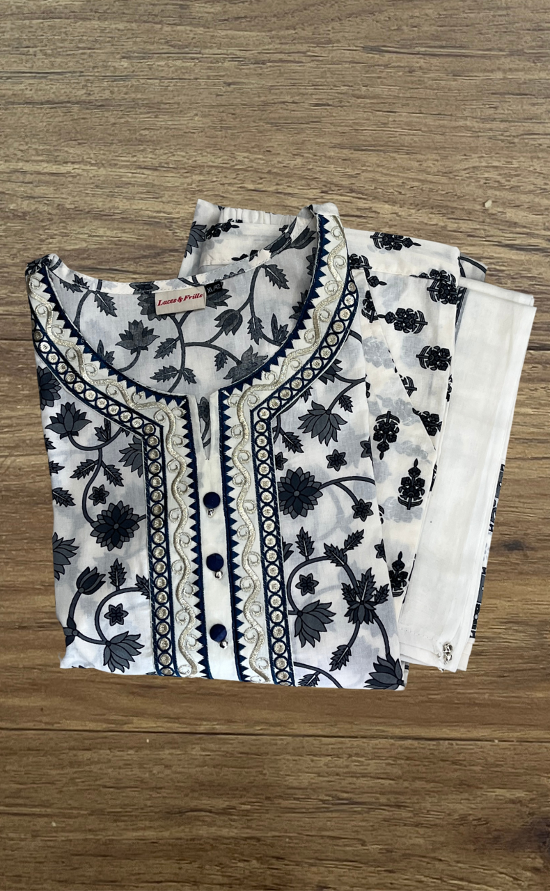 Off White/Grey Garden Cotton Kurti With Pant And Dupatta Set. Pure Versatile Cotton. | Laces and Frills