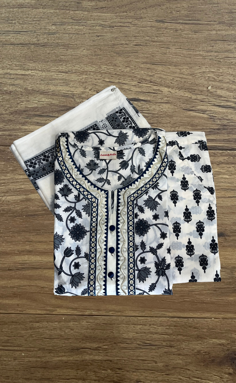 Off White/Grey Garden Cotton Kurti With Pant And Dupatta Set. Pure Versatile Cotton. | Laces and Frills