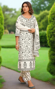 Off White/Grey Garden Cotton Kurti With Pant And Dupatta Set. Pure Versatile Cotton. | Laces and Frills - Laces and Frills