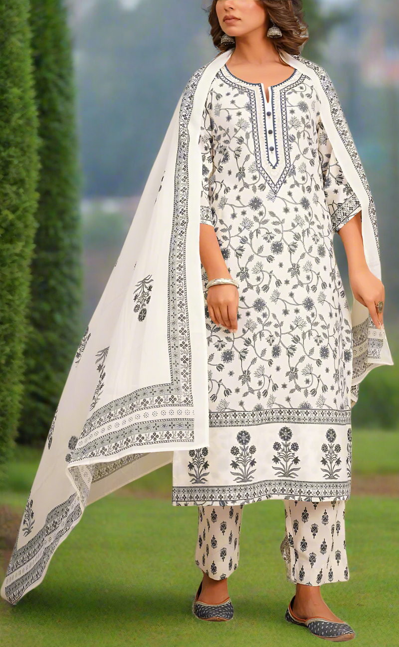Off White/Grey Garden Cotton Kurti With Pant And Dupatta Set. Pure Versatile Cotton. | Laces and Frills