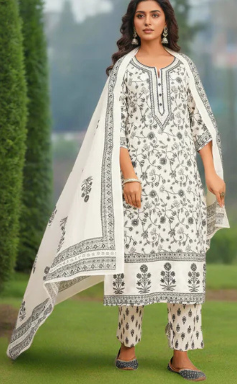Off White/Grey Garden Cotton Kurti With Pant And Dupatta Set. Pure Versatile Cotton. | Laces and Frills - Laces and Frills