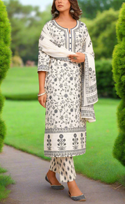 Off White/Grey Garden Cotton Kurti With Pant And Dupatta Set. Pure Versatile Cotton. | Laces and Frills